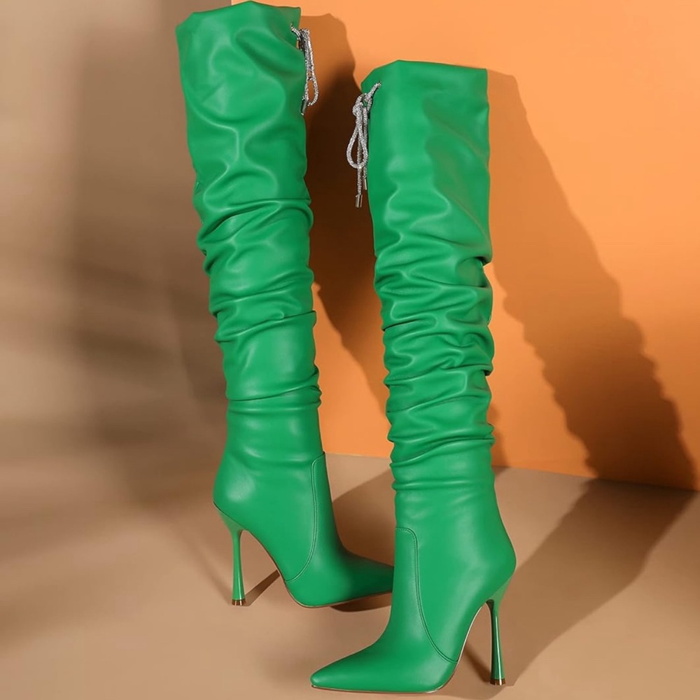 Vvianly Womens Pointed Toe Thigh High Boot Stiletto Heel Heel Over